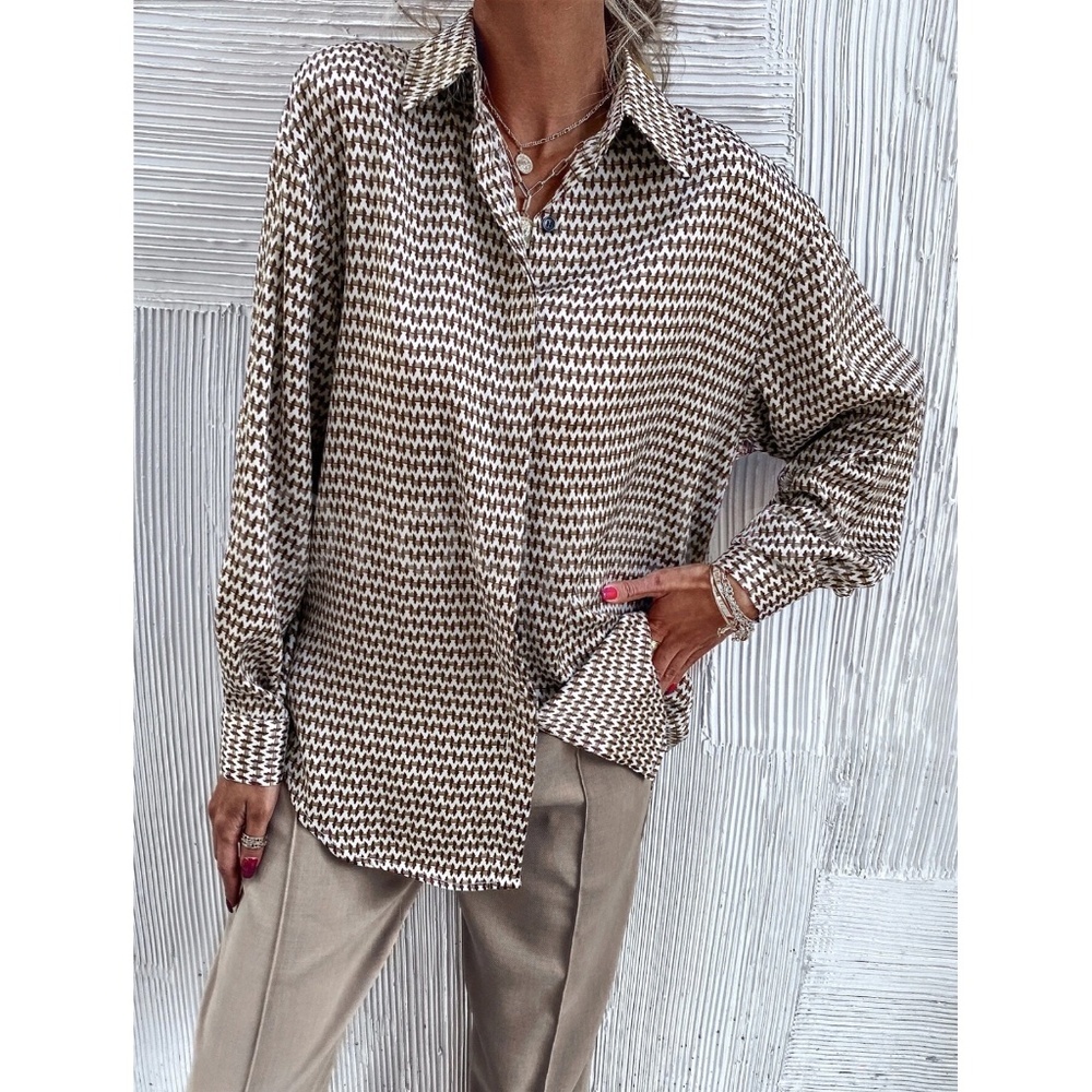 Satin All Over Print Button Down Shirt Oversized Tan Beige Brown Multicolor - Picture 7 of 16